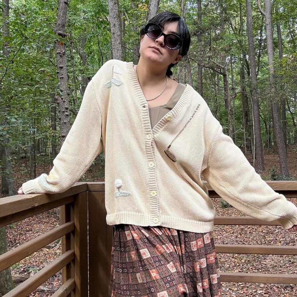 SOLD / AMAZING VINTAGE cream y2k LIZ CLAIBORNE GOLF knot knit cardigan! - Picture 7 of 8